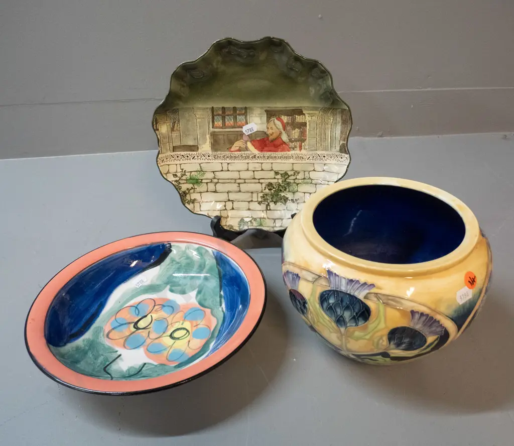 hand painted pottery bowl marked PH (Peter Henderson?), Royal Doulton Jackdaw of Rheims plate & a Tupton Ware vase D-230 Image 1++