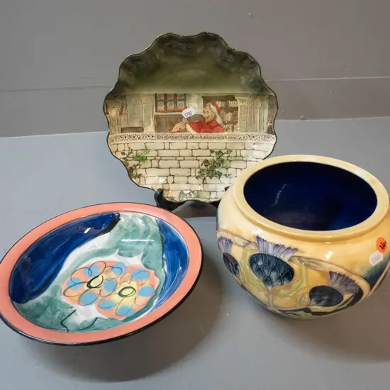 hand painted pottery bowl marked PH (Peter Henderson?), Royal Doulton Jackdaw of Rheims plate & a Tupton Ware vase D-230