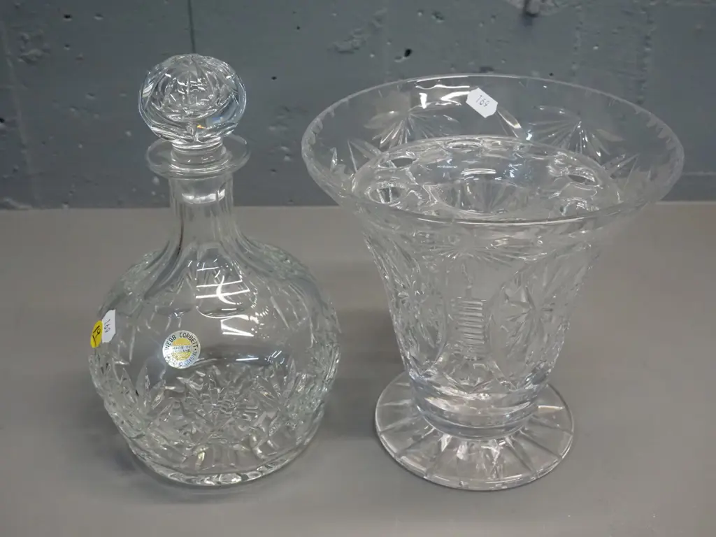 2 Webb-Corbett cut crystal items - rose bowl vase with frog and a stoppered decanter H-240 Image 1++