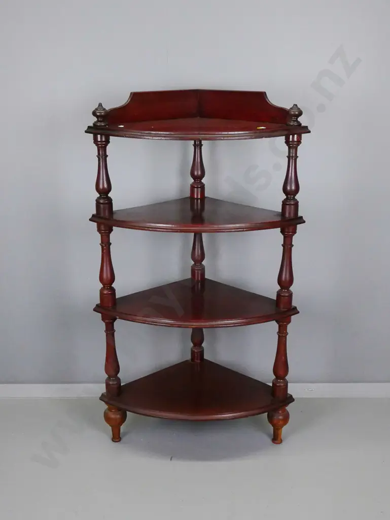 colonial kauri 4-tier corner whatnot with turned supports, original polish with some scratching H-1090 W-600 D-440 Image 1++