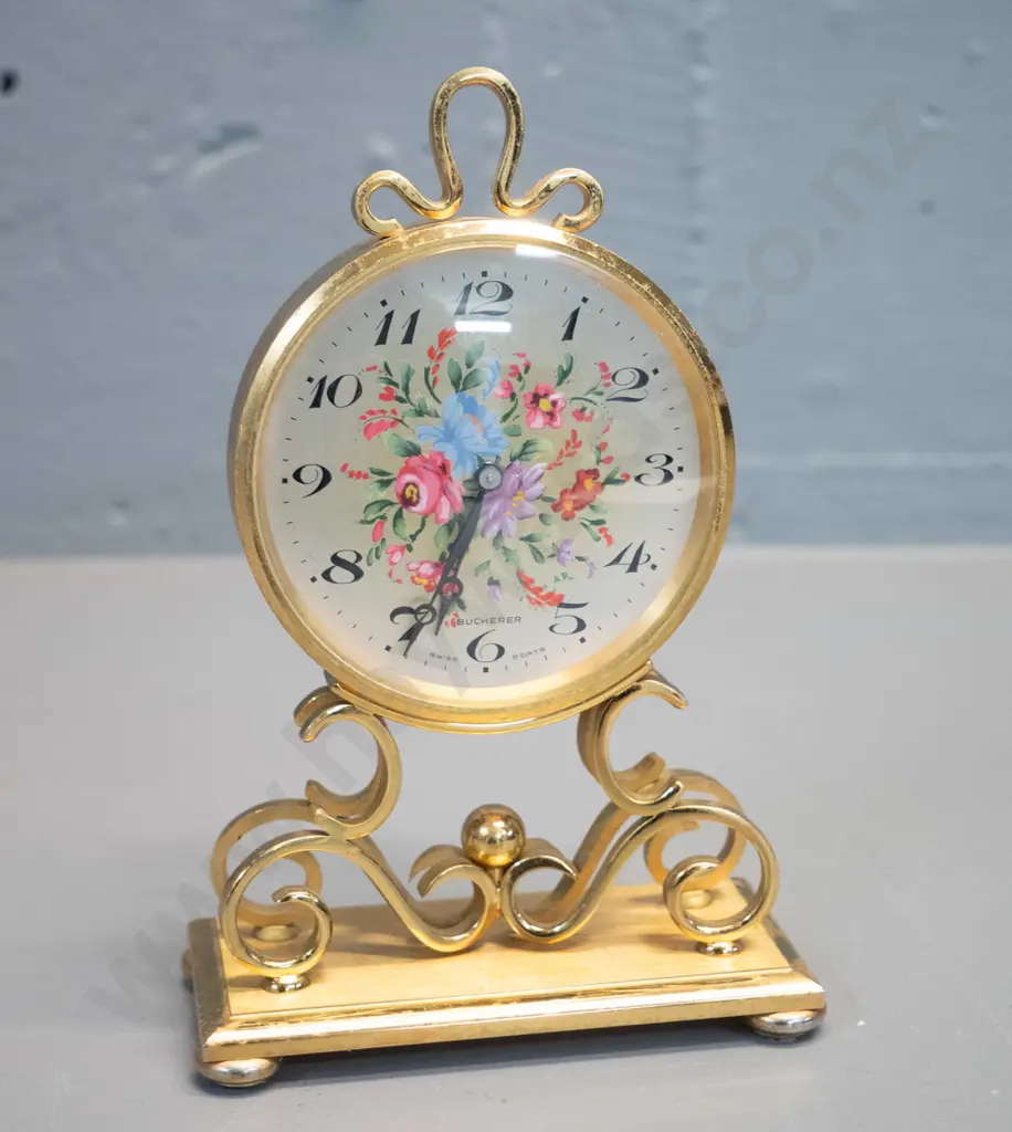 small Bucherer Swiss made brass cased clock with floral decoration on face - H-160 W-100 - some pitting or marking to Image 1++