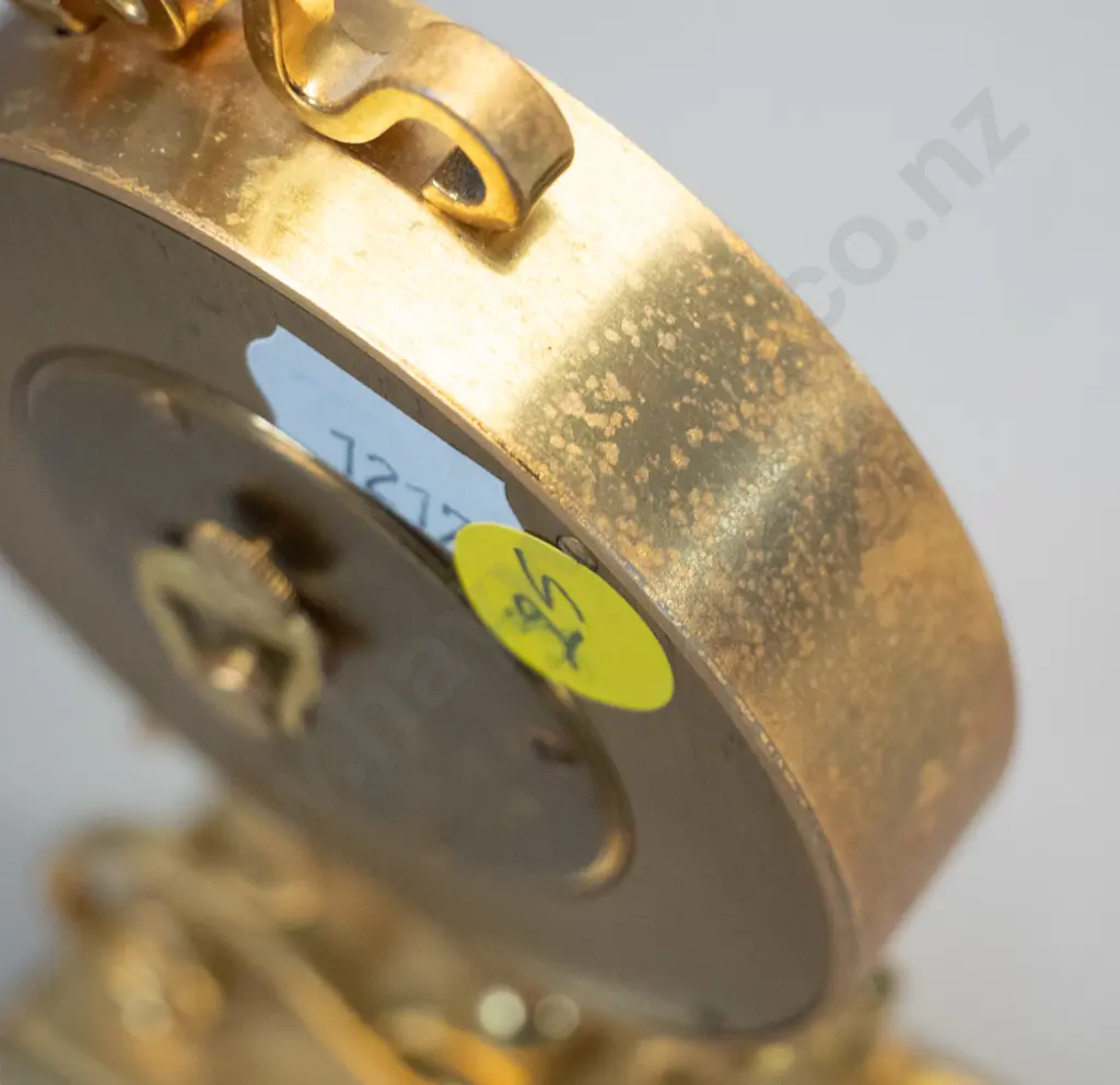 small Bucherer Swiss made brass cased clock with floral decoration on face - H-160 W-100 - some pitting or marking to Image 1++