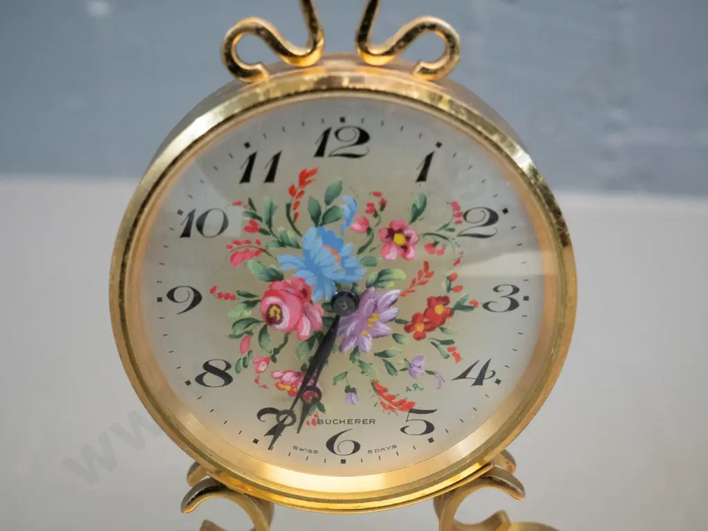 small Bucherer Swiss made brass cased clock with floral decoration on face - H-160 W-100 - some pitting or marking to Image 1++