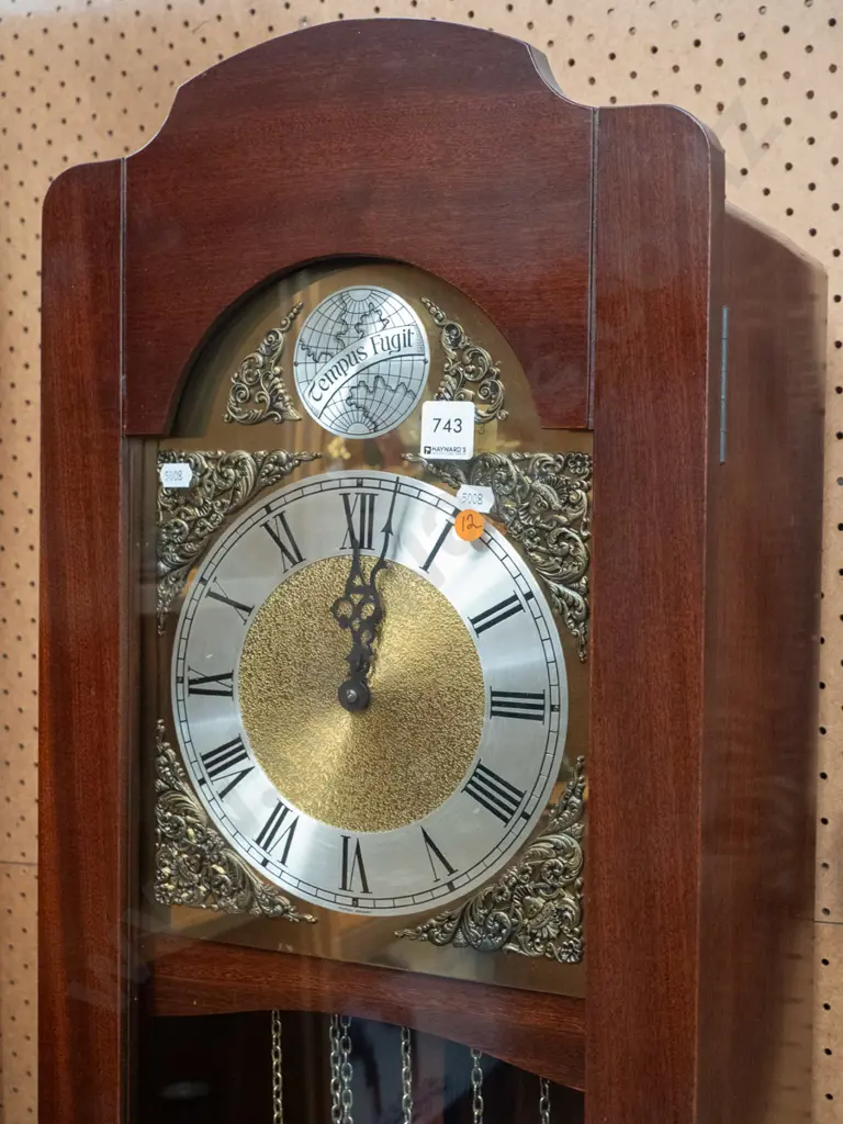reproduction W. German walnut long-case clock with chiming movement, glazed door, brass and silver dial, w/Tempus Fugit Image 1++