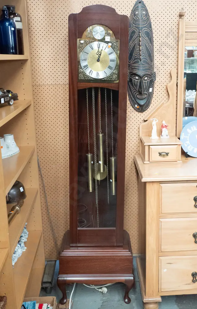reproduction W. German walnut long-case clock with chiming movement, glazed door, brass and silver dial, w/Tempus Fugit Image 1++