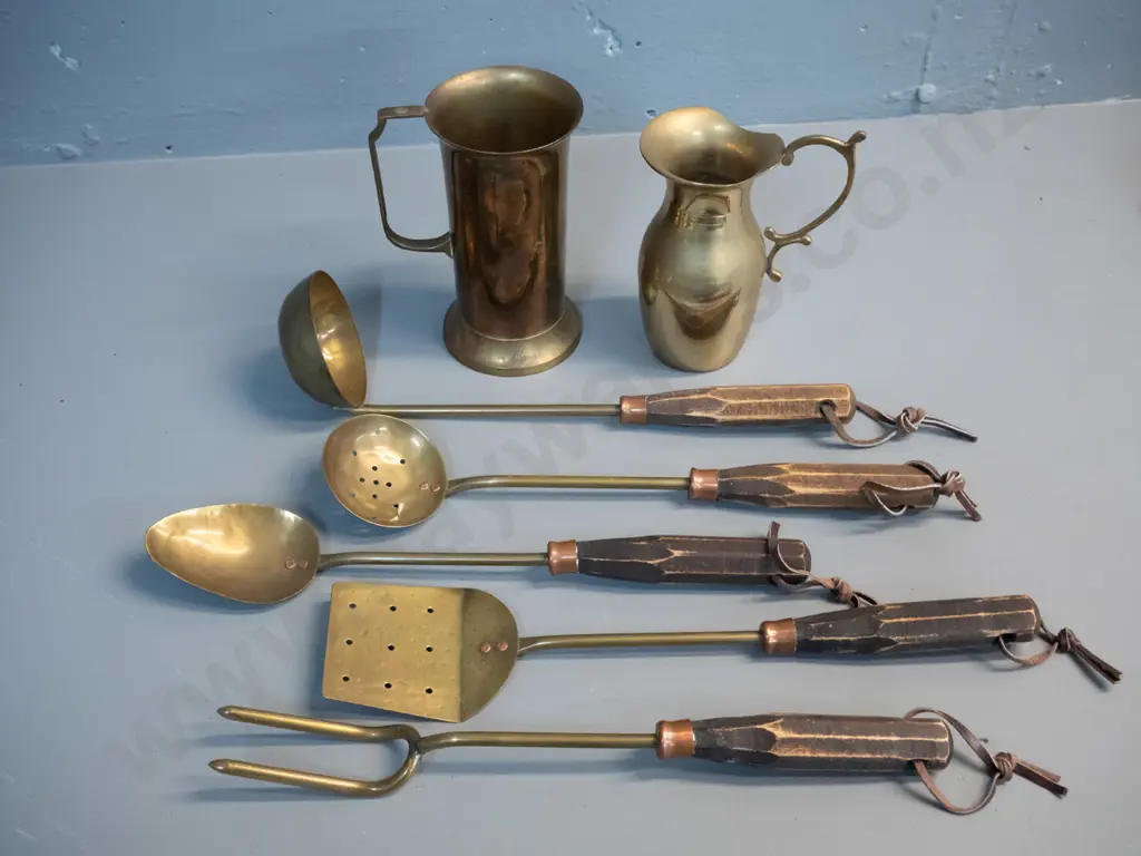 brass and copper items - set of 5 brass utensils with copper collars on wooden handles w/ tied leather loops and 2 brass Image 1++