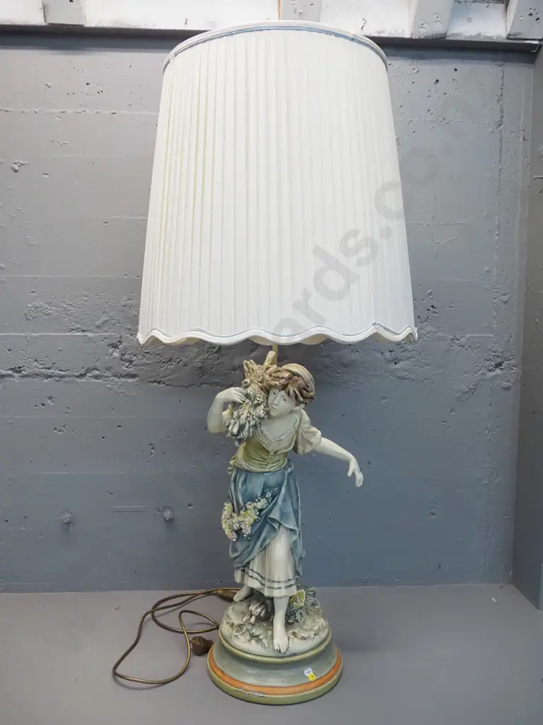 large painted cast metal figural lamp in Italian style - cast signature on back, large pleated shade. H-630 to top of Image 1++