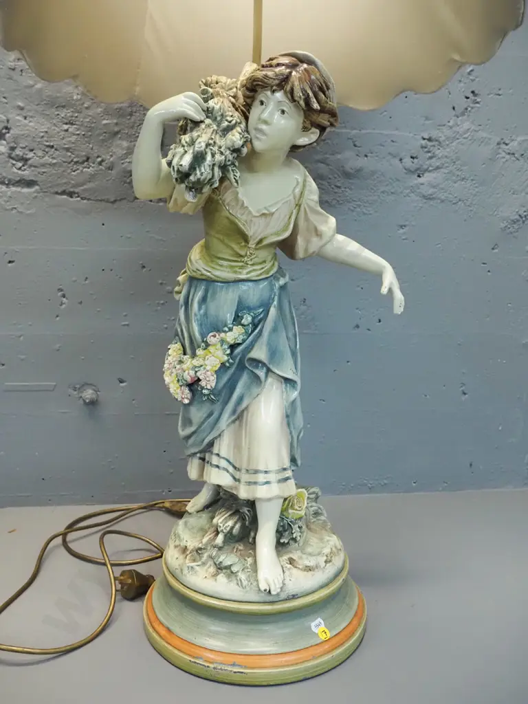 large painted cast metal figural lamp in Italian style - cast signature on back, large pleated shade. H-630 to top of Image 1++