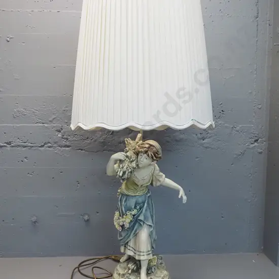 large painted cast metal figural lamp in Italian style - cast signature on back, large pleated shade. H-630 to top of