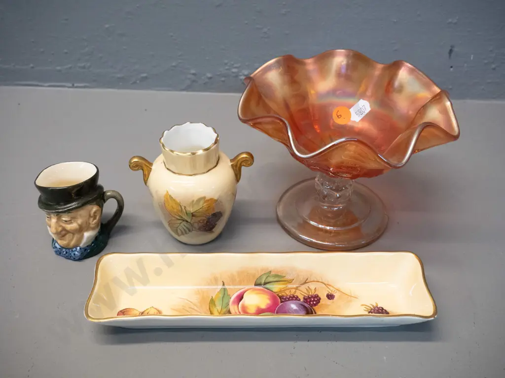 Aynsley Autumn Fruits mint dish and small handled vase, a marigold carnival glass small comport H110 D140 & a Royal Image 1++