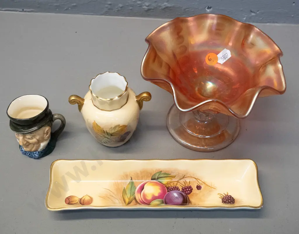 Aynsley Autumn Fruits mint dish and small handled vase, a marigold carnival glass small comport H110 D140 & a Royal Image 1++
