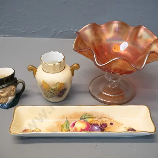 Aynsley Autumn Fruits mint dish and small handled vase, a marigold carnival glass small comport H110 D140 & a Royal