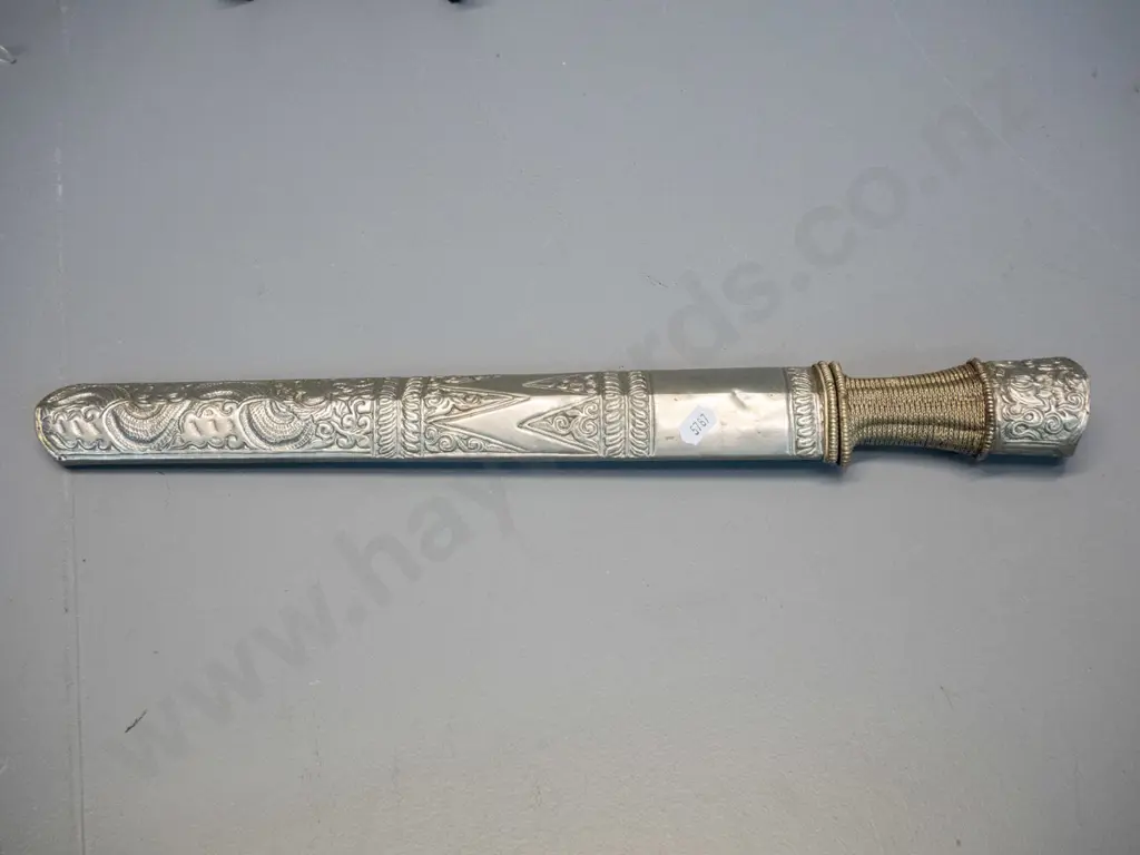 knife from Bhutan with hammered and woven metal handle, hammered dragon motif metal over timber sheath L470 Image 1++