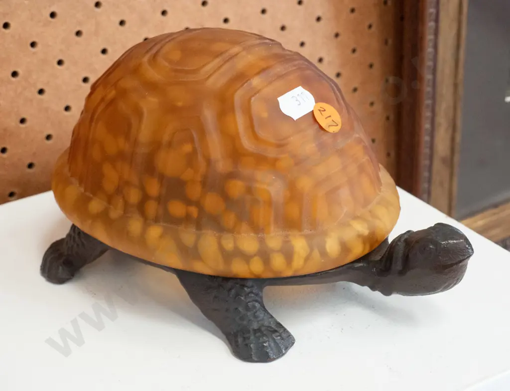 vintage style cast metal tortoise lamp with mottled glass shade H-100 L-200 Image 1++