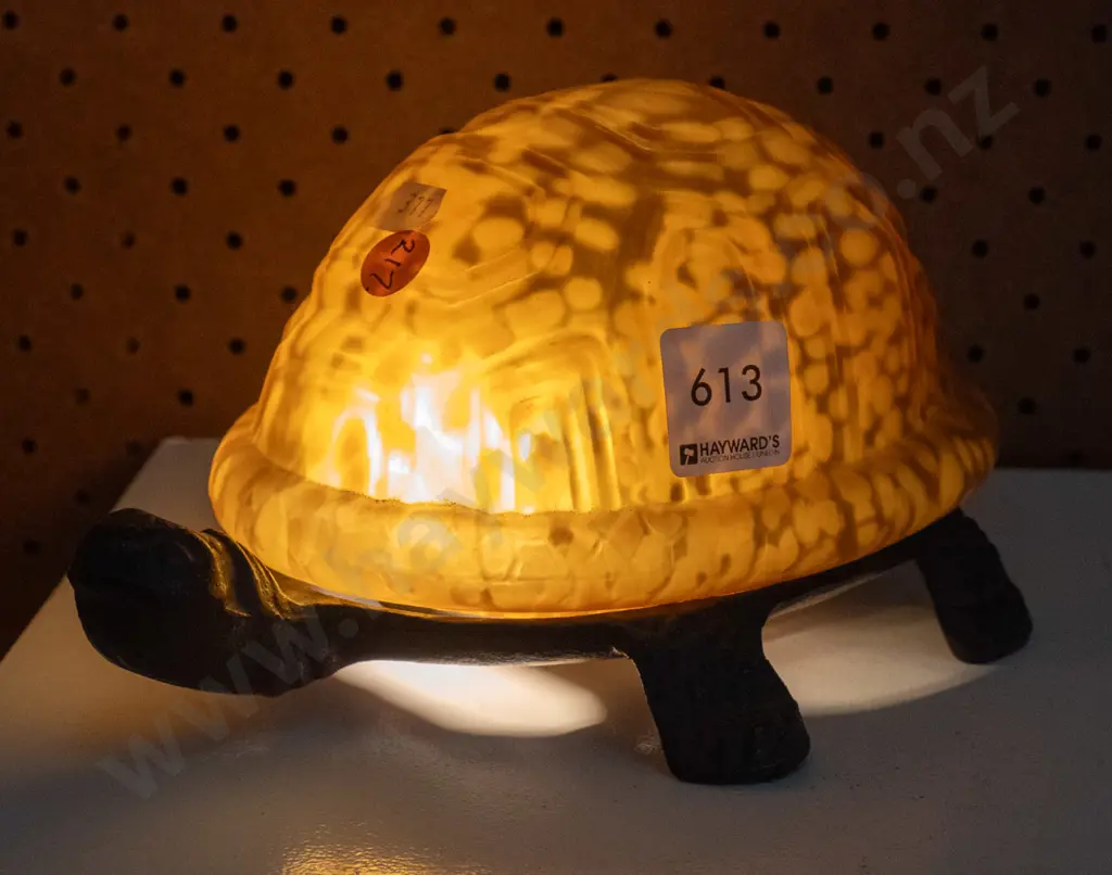 vintage style cast metal tortoise lamp with mottled glass shade H-100 L-200 Image 1++
