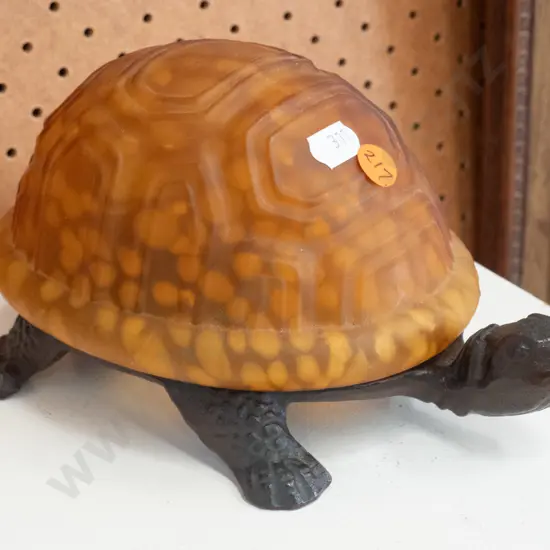 vintage style cast metal tortoise lamp with mottled glass shade H-100 L-200