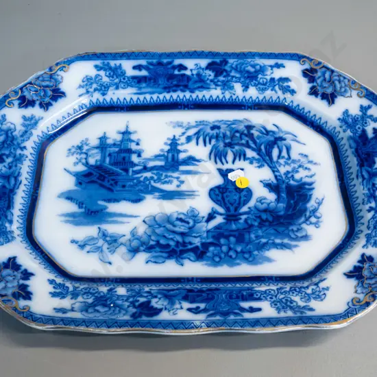 vintage flow blue ashett with pagoda and urn decoration - marked Lahore, has wear to gilt and some scratches L-450 W-345