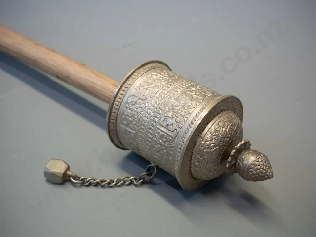 metal and timber prayer wheel, 2 small pressed metal end-caps or lids & 2 items from Bhutan - clothing clasp and cymbals Image 1++