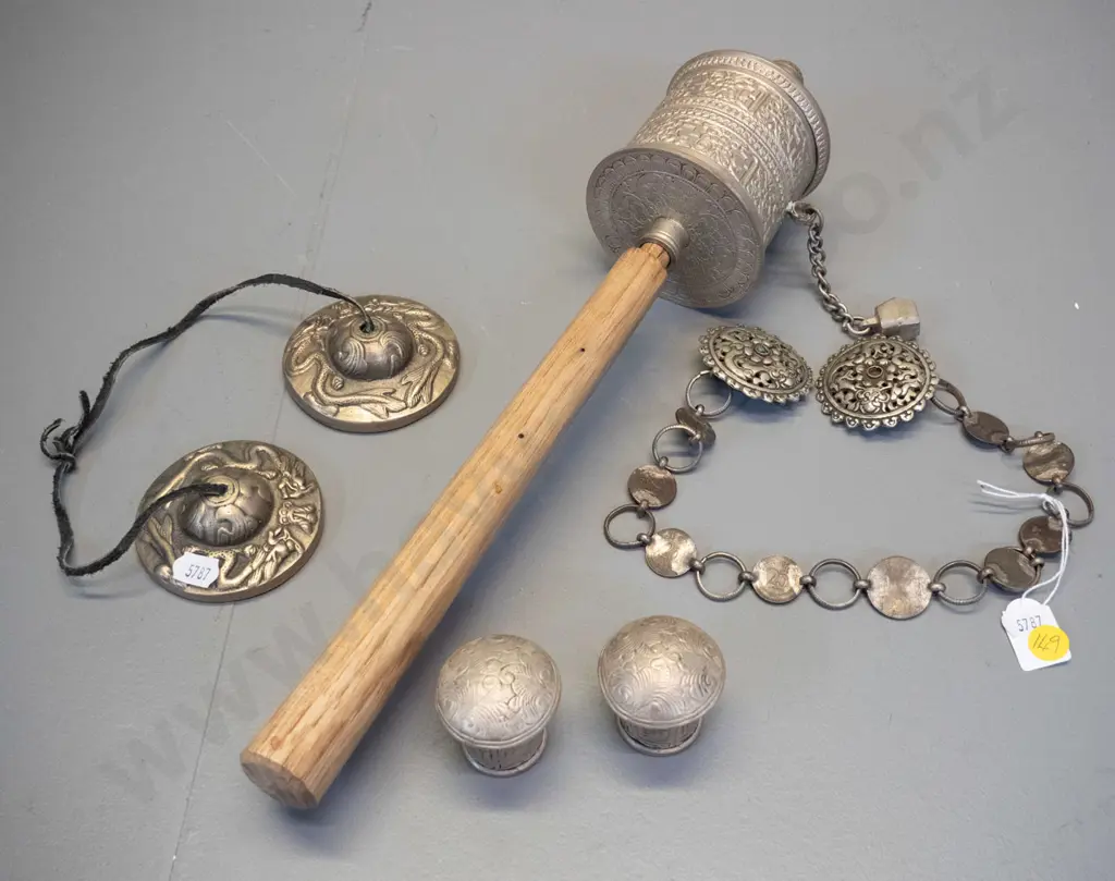 metal and timber prayer wheel, 2 small pressed metal end-caps or lids & 2 items from Bhutan - clothing clasp and cymbals Image 1++