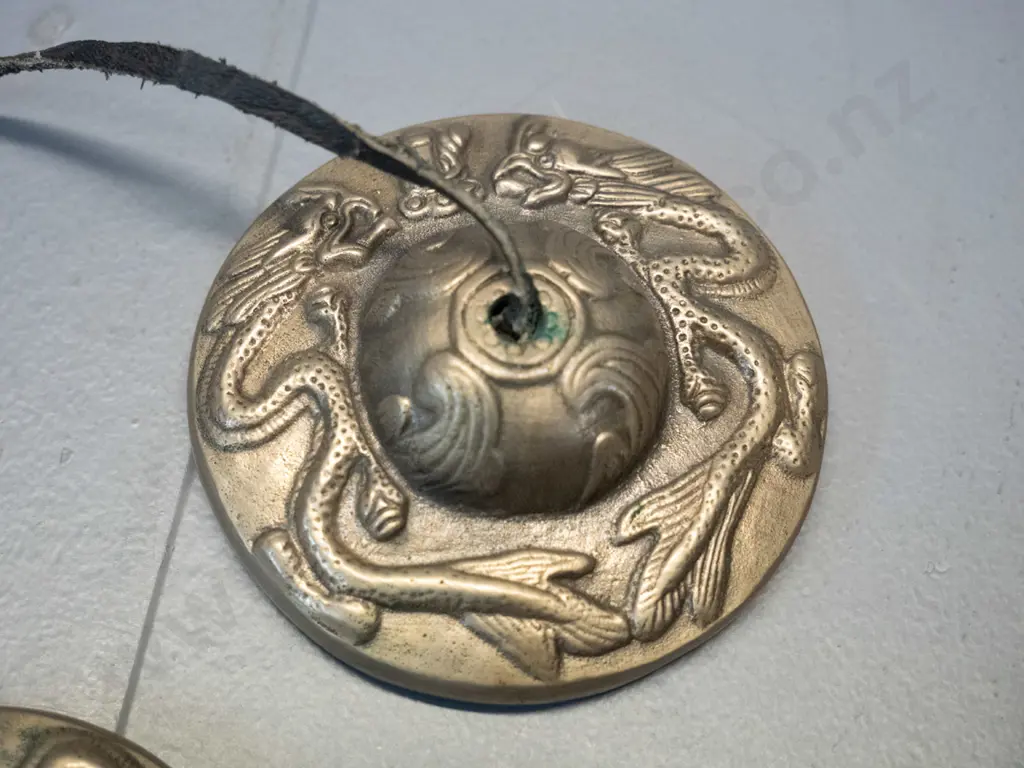metal and timber prayer wheel, 2 small pressed metal end-caps or lids & 2 items from Bhutan - clothing clasp and cymbals Image 1++