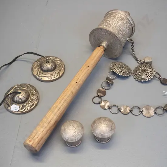 metal and timber prayer wheel, 2 small pressed metal end-caps or lids & 2 items from Bhutan - clothing clasp and cymbals