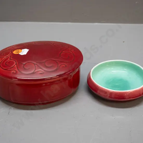 2 pieces of red glaze O.C. Stephens pottery - lidded trinket with sgraffito decoration, small chip and a crack to under-