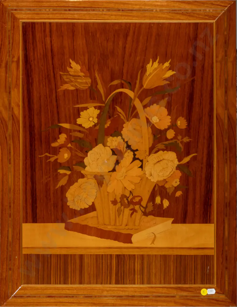 wooden marquetry artwork - flowers in basket H-650 W-500 Image 1++
