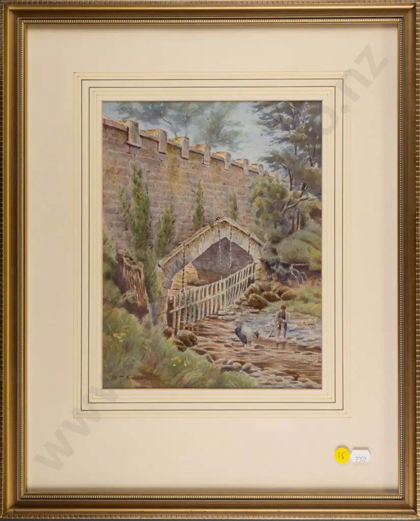 W Newlands - framed watercolour "bridge & river scene" H-260 W-190 Image 1++
