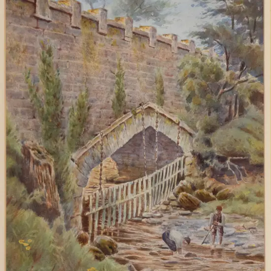 W Newlands - framed watercolour "bridge & river scene" H-260 W-190