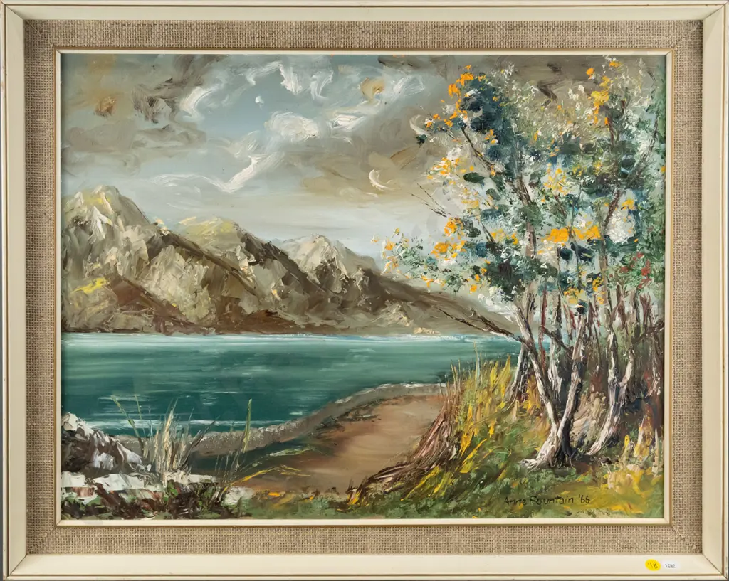 Anne Fountain '66 - framed oil -lake and mountain scene H-440 W-570 Image 1++