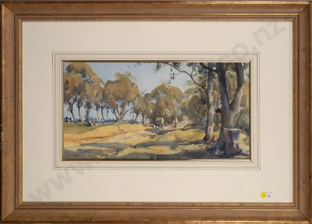 illegible signature - framed watercolour "Covered Wagon, near NSW" H-240 W-460 Image 1++