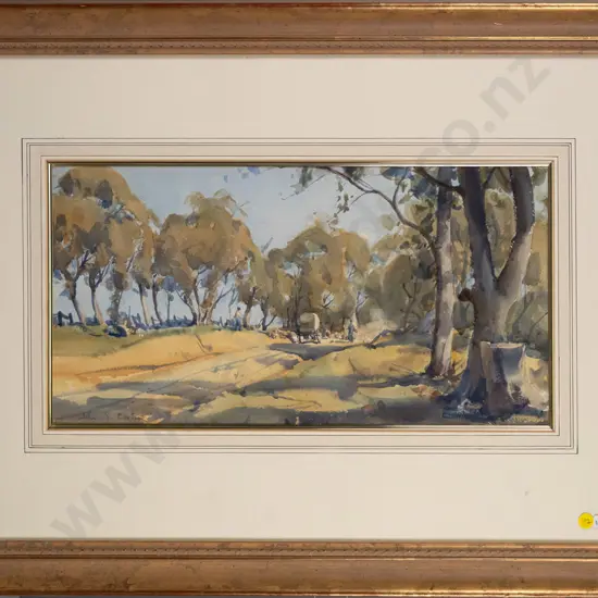 illegible signature - framed watercolour "Covered Wagon, near NSW" H-240 W-460