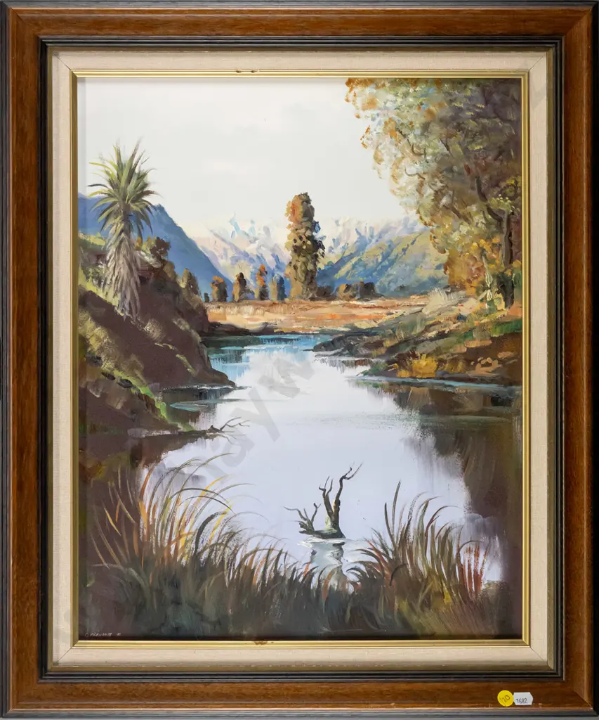 C Pickworth '90 - framed oil - lake and mountain scene H-490 W-390 Image 1++
