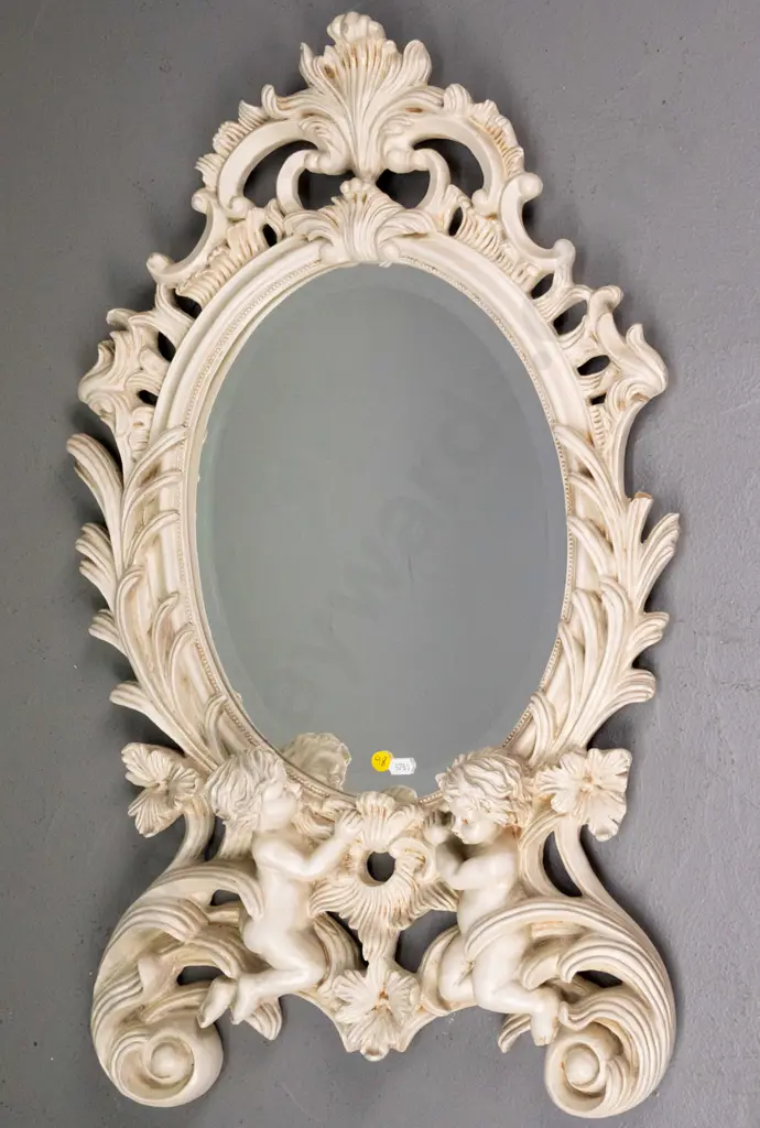 ornate composite cherub themed bevelled edge wall mirror H-790 W-420 (very slight paint loss on frame) Image 1++