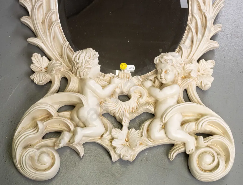 ornate composite cherub themed bevelled edge wall mirror H-790 W-420 (very slight paint loss on frame) Image 1++
