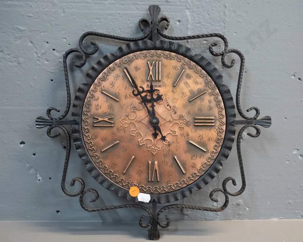 retro Hermle metal framed wall clock with copper face, quartz movement, C-size battery holder, untested. H-330 W-330 Image 1++