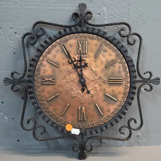 retro Hermle metal framed wall clock with copper face, quartz movement, C-size battery holder, untested. H-330 W-330