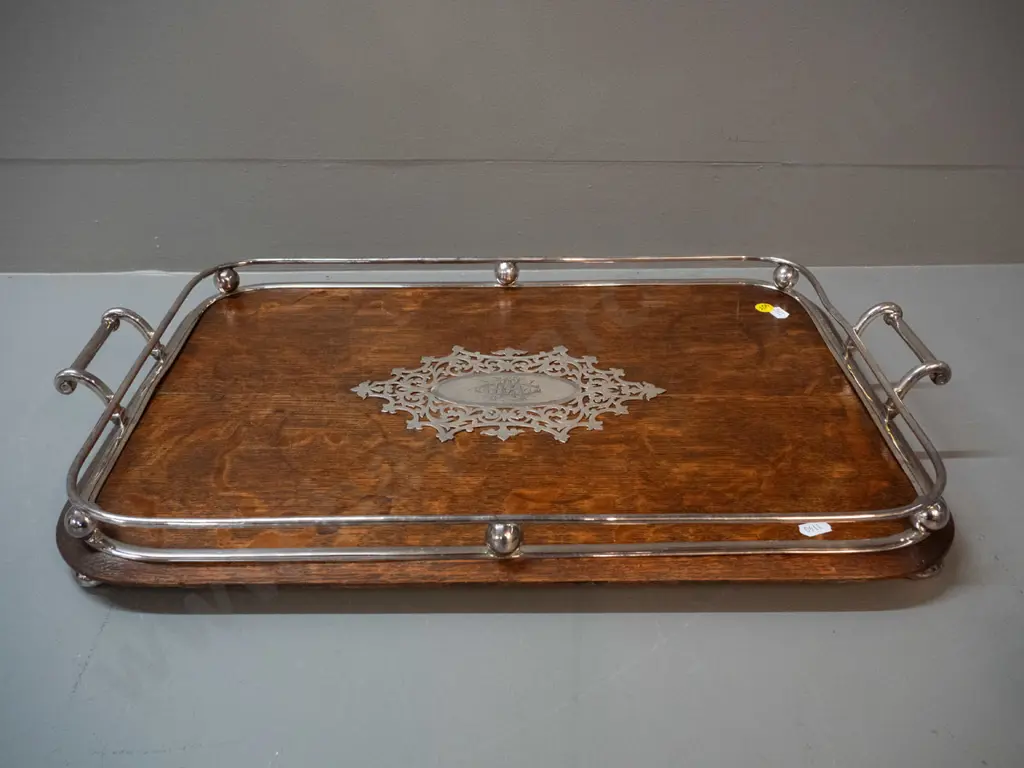 oak tray with plated gallery and monogrammed plaque L-550 W-340 Image 1++