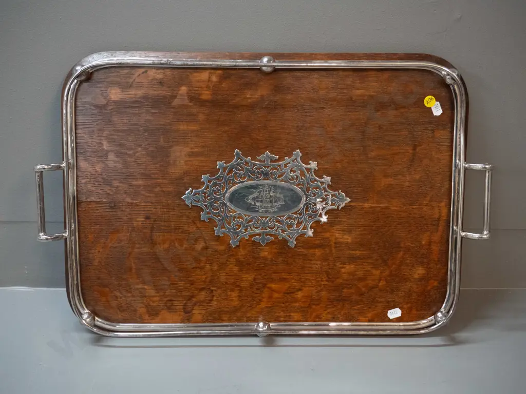 oak tray with plated gallery and monogrammed plaque L-550 W-340 Image 1++