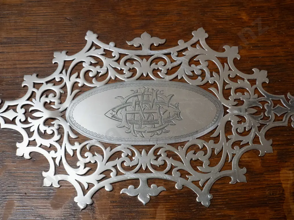 oak tray with plated gallery and monogrammed plaque L-550 W-340 Image 1++