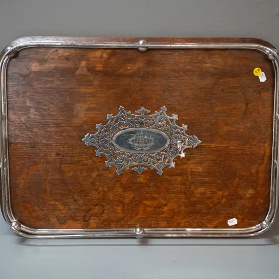oak tray with plated gallery and monogrammed plaque L-550 W-340