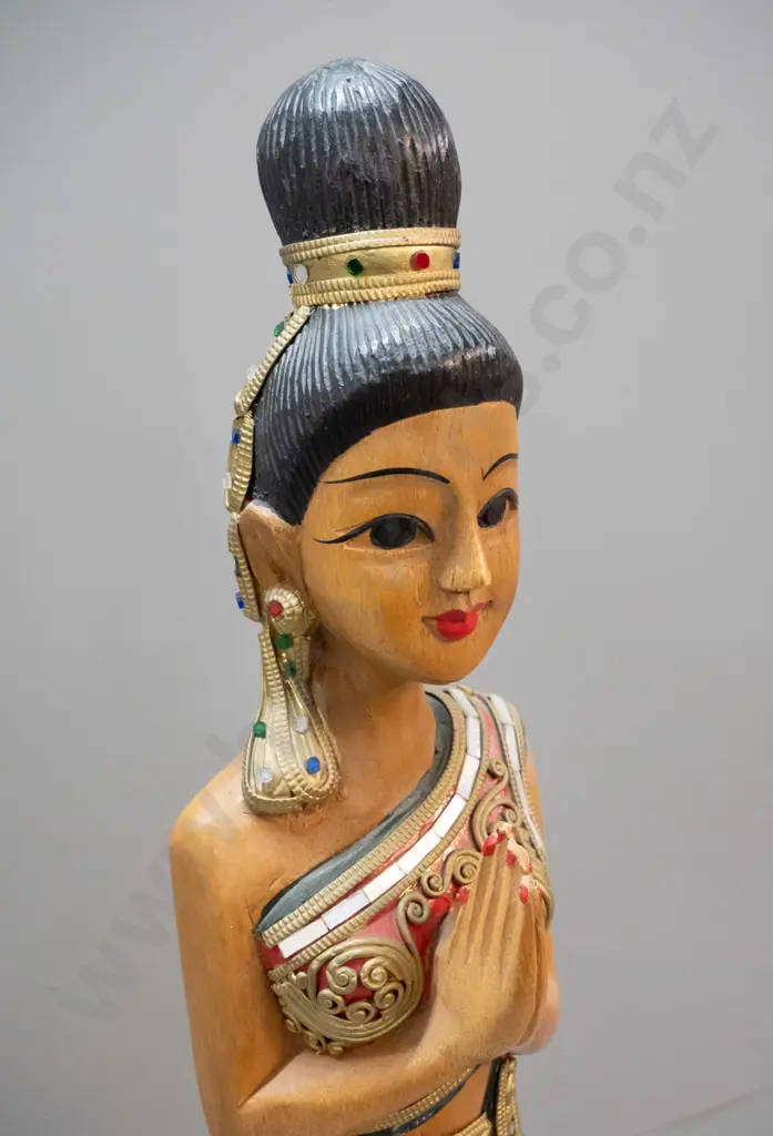 hand painted and carved wood female figurine - Thai or Indonesian? Minor loss of applied relief decoration, mirror etc. Image 1++