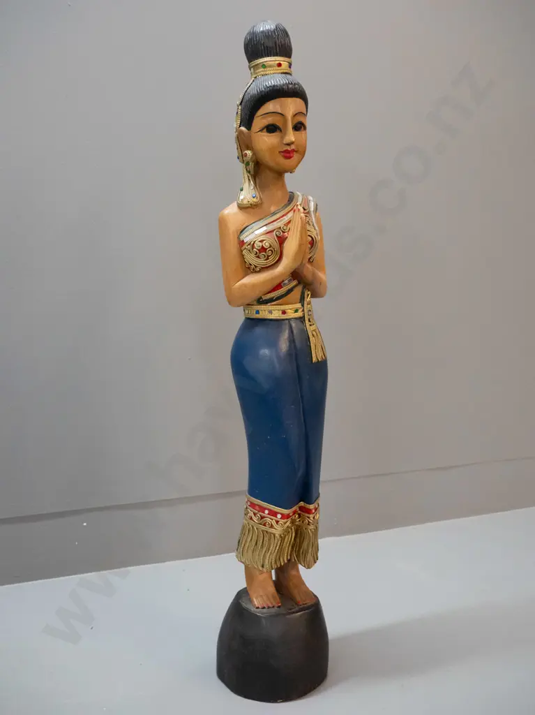 hand painted and carved wood female figurine - Thai or Indonesian? Minor loss of applied relief decoration, mirror etc. Image 1++