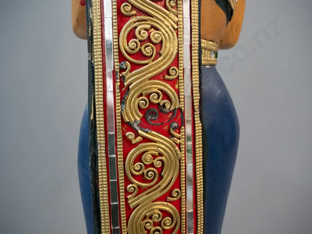 hand painted and carved wood female figurine - Thai or Indonesian? Minor loss of applied relief decoration, mirror etc. Image 1++