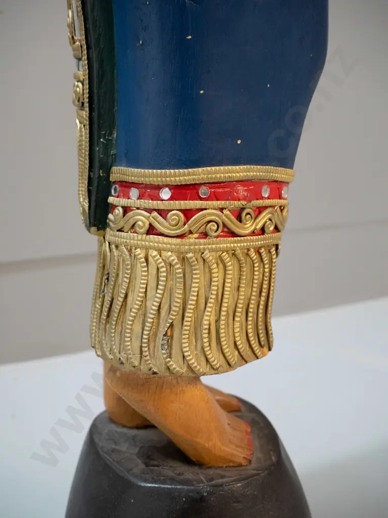 hand painted and carved wood female figurine - Thai or Indonesian? Minor loss of applied relief decoration, mirror etc. Image 1++
