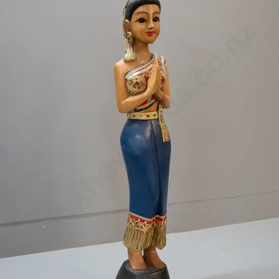 hand painted and carved wood female figurine - Thai or Indonesian? Minor loss of applied relief decoration, mirror etc.