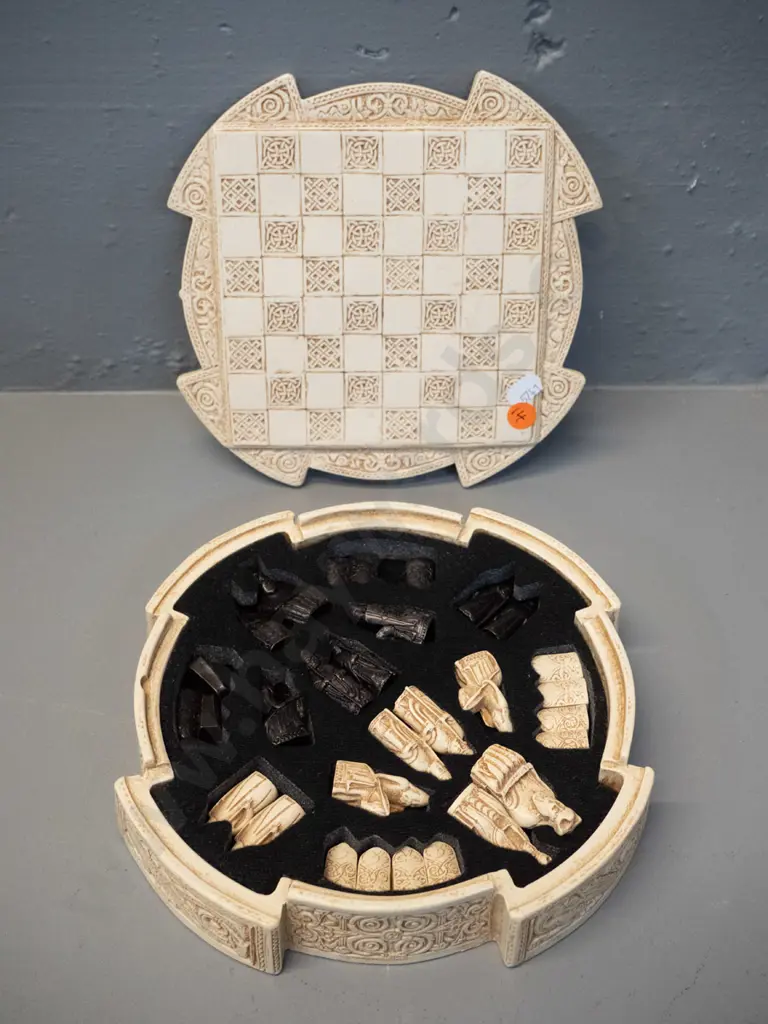 composite Isle of Lewis compact chess set with pieces inside foam fitted case, lid is board H-50 D-220 Image 1++