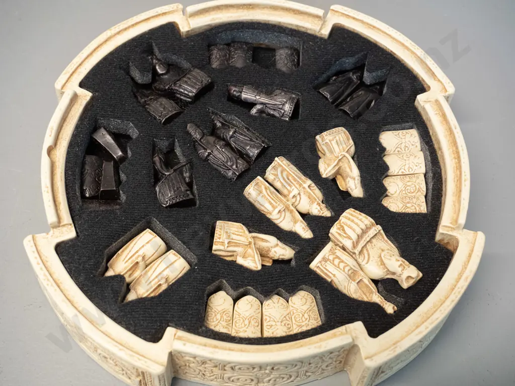 composite Isle of Lewis compact chess set with pieces inside foam fitted case, lid is board H-50 D-220 Image 1++