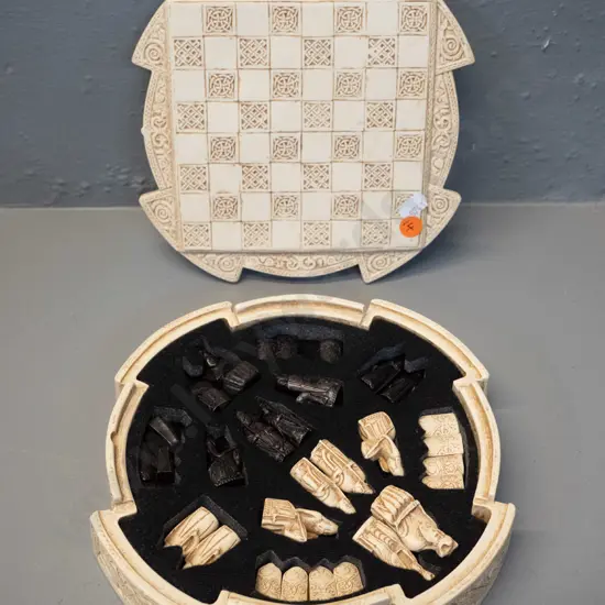 composite Isle of Lewis compact chess set with pieces inside foam fitted case, lid is board H-50 D-220