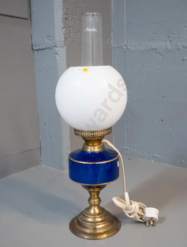 vintage kerosene lamp modified with electrical fitting - blue glass and brass base, milk glass shade and modern Image 1++